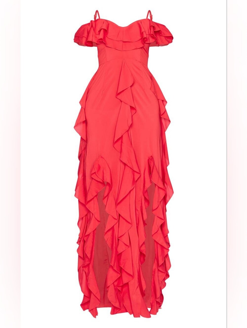 $130 NWT PRETTYLITTLETHING Red Cold Shoulder Ruffle Maxi Dress US 10 - Picture 5 of 13